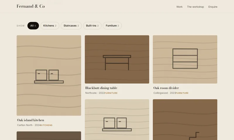 Fernand & Co's project gallery filtered by category, laid out as a masonry grid