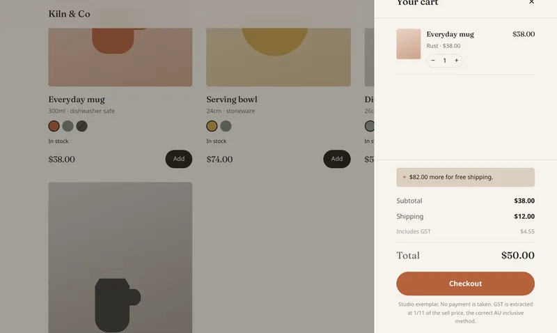 Kiln & Co's cart open, with subtotal, shipping, the GST component and a total