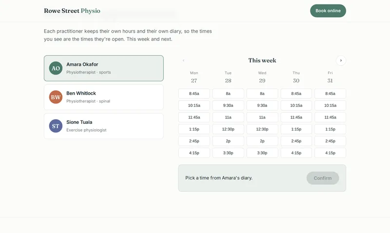 Rowe Street Physio's booker showing one practitioner's real week of appointment slots